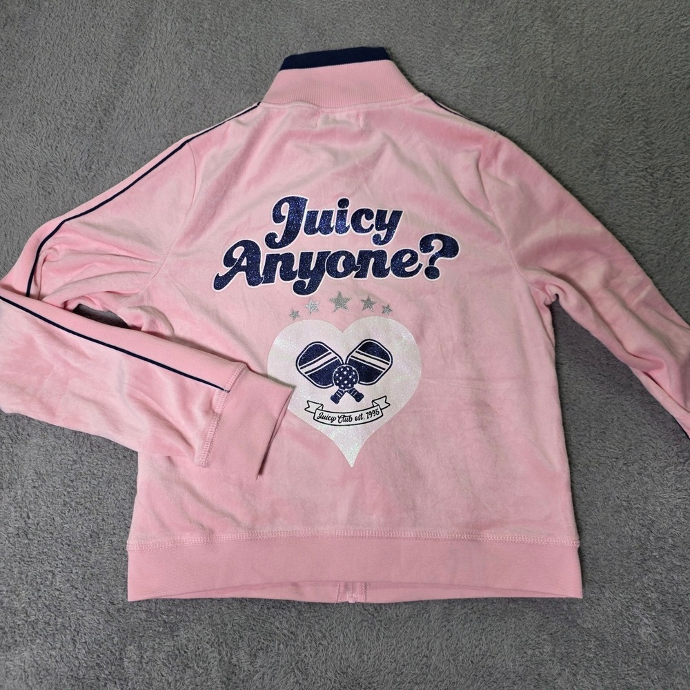Juicy Couture Womens Large Velour Track Jacket Pink Pickleball Glitter Graphic